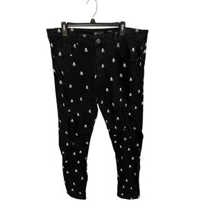 Waimea Men's Skinny Fit Jeans 38x31 Black with White Skulls Distressed Denim